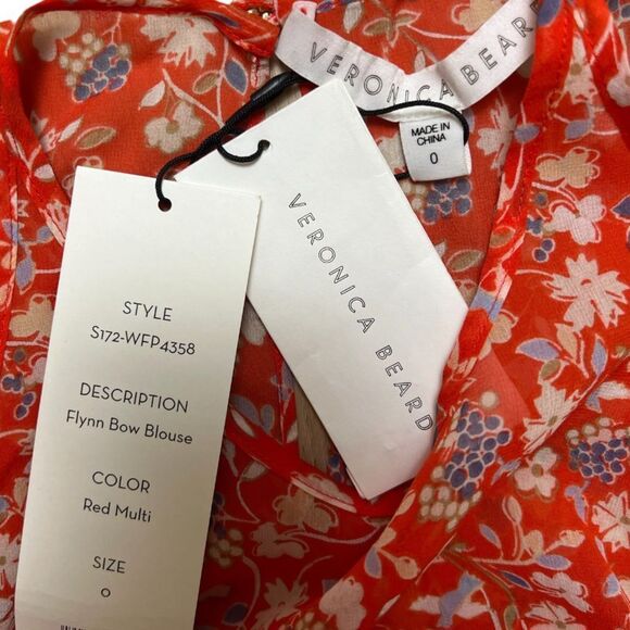 NWT Veronica Beard Red Floral 100% Silk Tie Arm Top - Picture 11 of 11